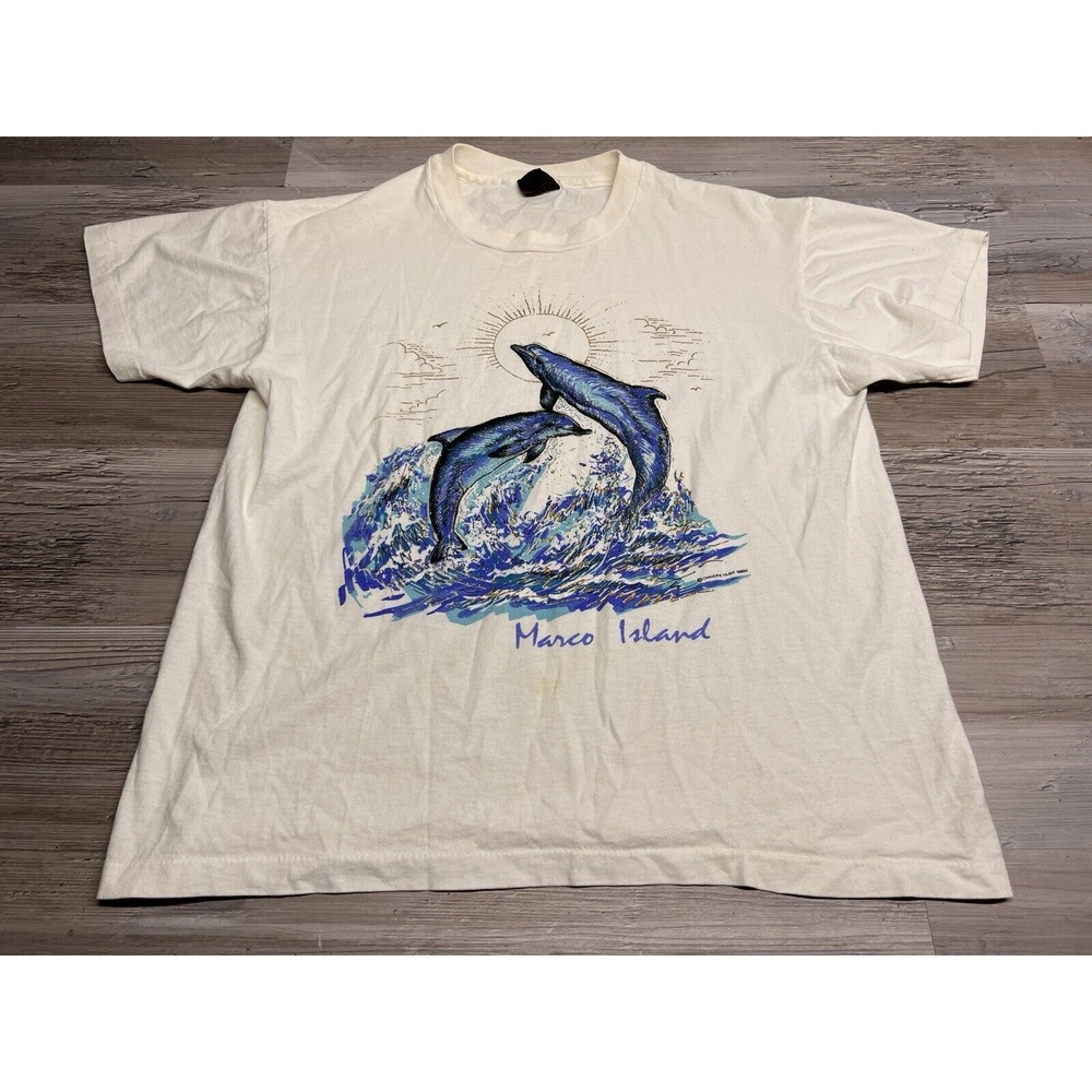 Vintage 90s Dolphin T-Shirt Diamond Dust Tropical Marco Island Souvenir Tee Sz L